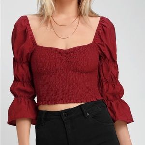 Lulus Savia Burgundy Smocked Puff Sleeve Crop Top